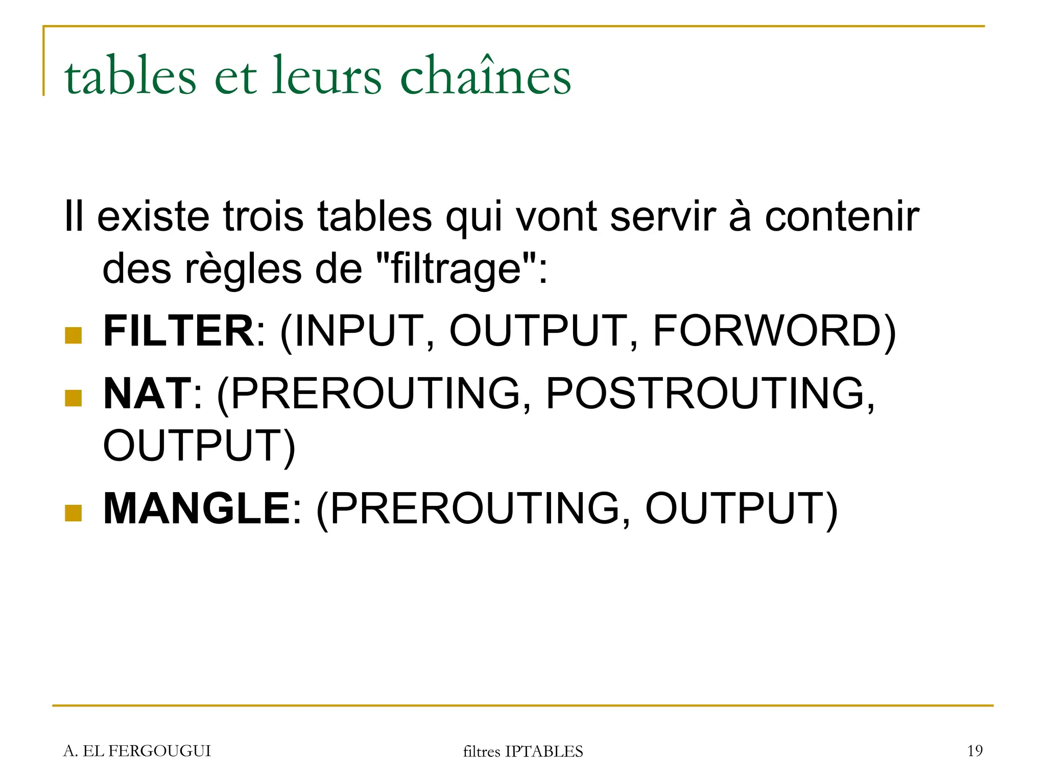 A. EL FERGOUGUI filtres IPTABLES 19
tables et leurs chaînes
Il existe trois tables qui vont servir à contenir
des règles de "filtrage":
 FILTER: (INPUT, OUTPUT, FORWORD)
 NAT: (PREROUTING, POSTROUTING,
OUTPUT)
 MANGLE: (PREROUTING, OUTPUT)
 