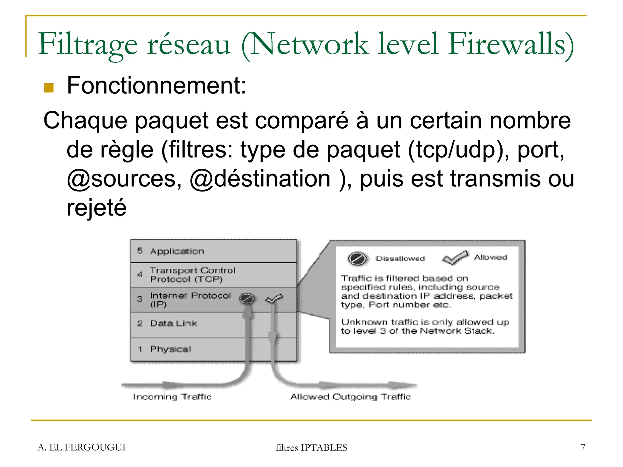 Filtrage réseau (Network level Firewalls)
 Fonctionnement:
Chaque paquet est comparé à un certain nombre
de règle (filtres: type de paquet (tcp/udp), port,
@sources, @déstination ), puis est transmis ou
rejeté
A. EL FERGOUGUI filtres IPTABLES 7
 