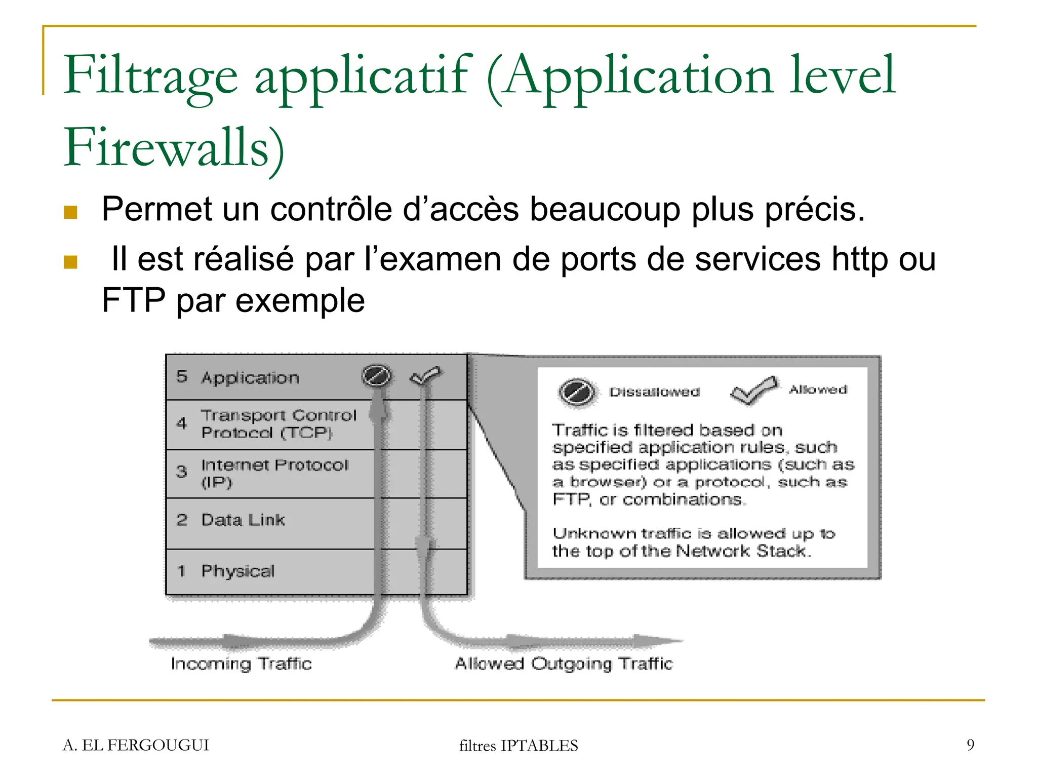 Filtrage applicatif (Application level
Firewalls)
 Permet un contrôle d’accès beaucoup plus précis.
 Il est réalisé par l’examen de ports de services http ou
FTP par exemple
A. EL FERGOUGUI filtres IPTABLES 9
 