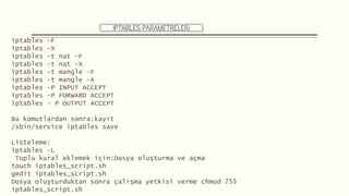 IPTABLES PARAMETRELERi
iptables –F
iptables –X
iptables –t nat –F
iptables –t nat –X
iptables –t mangle –F
iptables –t mangle –X
iptables –P INPUT ACCEPT
iptables –P FORWARD ACCEPT
iptables – P OUTPUT ACCEPT
Bu komutlardan sonra:kayıt
/sbin/service iptables save
Listeleme:
iptables –L
Toplu kural eklemek için:Dosya oluşturma ve açma
touch iptables_script.sh
gedit iptables_script.sh
Dosya oluşturduktan sonra çalışma yetkisi verme chmod 755
iptables_script.sh
 