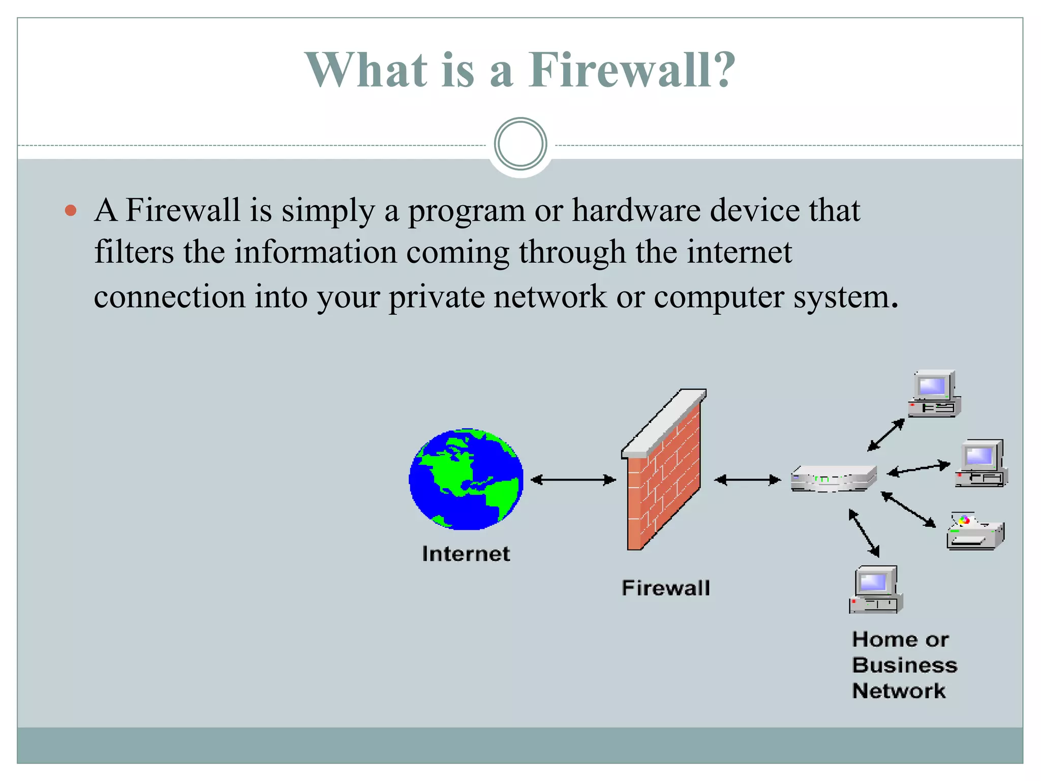 What is a Firewall?
 A Firewall is simply a program or hardware device that
filters the information coming through the internet
connection into your private network or computer system.
 