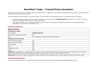 BenchMark Trader – Firewall/Proxy Настройки
BenchMark Trader комуникира със сървърите за търговия чрез няколко ТСР порта. BenchMark Trader се опитва автоматично да открие точните настройки за
връзка от настройките на Internet Explorer.

Ако имате проблеми при използването на BenchMark Trader и сте зад Firewall или Proxy сървър, уверете се, че следните портове са отворени:

         Порт 1001 трябва да е отворен във Firewall/Proxy настройките за външен достъп към mitssimul.iitech.dk (IP адрес 193.178.175.38). Този порт се
   •
         използва за криптирана комуникация със сървъра за търговия
         НТТР порт 80 или 8080, както и HTTPS порт 443 трябва да са отворени. Тези портове се използват за изтегляне на налични актуализации и
   •
         изобразяване на уеб страници в BenchMark Trader


Оптимално решение

Директна връзка
Настройки на сървър
Име на сървър                                 mitssimul.iitech.dk
Комуникация с използване на НТТР              Не
Порт                                          1001 (трябва да е отворен във Firewall настройките)
Настройки на Proxy сървър
Връзка чрез Proxy сървър                      Не
Версия на SOCKS протокол                      N/A
Име на сървър                                 N/A
Порт                                          N/A
Потребителско име                             N/A
Парола                                        N/A
Забележки: Използвайте тази конфигурация, ако имате Proxy и/или Firewall. BenchMark Trader не изисква допълнителна информация при употреба на
Proxy. Ако използвате Firewall, порт 1001 трябва да е отворен за IP адрес 193.178.175.38 или DNS mitssimul.iitech.dk.
Предимства: Този режим на работа е предпочитан, защото позволява по-бърз трансфер на данни между сървъра за търговия и BenchMark Trader.


Алтернативни решения
Ако не можете да отворите порт 1001 поради стриктна Firewall политика, BenchMark Trader може да бъде конфигуриран да използва:
 