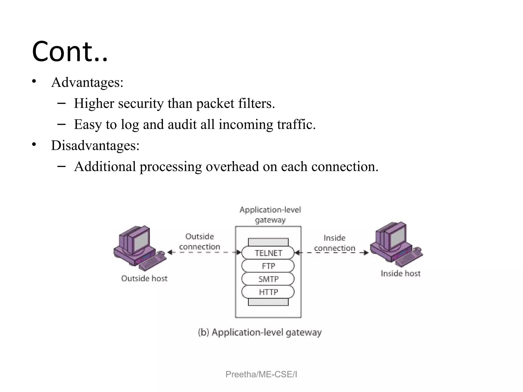 Cont..
• Advantages:
– Higher security than packet filters.
– Easy to log and audit all incoming traffic.
• Disadvantages:
– Additional processing overhead on each connection.
Preetha/ME-CSE/I
 