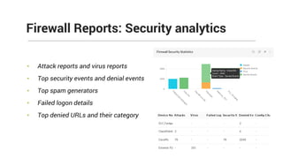 • Attack reports and virus reports
• Top security events and denial events
• Top spam generators
• Failed logon details
• Top denied URLs and their category
Firewall Reports: Security analytics
 