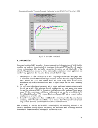 International Journal of Computer Science & Engineering Survey (IJCSES) Vol.5, No.2, April 2014
24
Figure 14. Server BB Traffic Sent
6. CONCLUSIONS
This study introduced VPN technology for securing cloud in wireless network. OPNET Modeler
simulator was used as a simulation tools to investigate the impact of VPN and firewall security
systems on throughput, delay and traffic received on the system and individual nodes of the
network. The applications considered for the mentioned investigation are e-mail application and
web browsing application. The presented clearly conclude the followings;
i- The integration of VPN with Firewall in cloud computing will reduce the throughput. This
is because the number of bit transmitted per second is less than the cloud computing without
VPN. because the VPN with firewall would not allow every access to the server.
Furthermore, the delay in system without VPN is slightly larger than the cloud computing
with VPN.
ii- No traffic received and sent from server AA for e-mail application in cloud computing with
firewall and no VPN. This is because firewall would prevent any email access to the server
AA and the existence of VPN in the system would allow specified stations (PC's) to access
server AA. However, there would be no traffic received and sent for server BB in (VPN
firewall) and (firewall no VPN) systems. This is now because VPN acts as a tunnel to allow
email access to server AA only.
iii- In web browsing applications, there would be traffic sent and received in the caese of cloud
computing with VPN and without VPN. This is because the VPN firewall would prevent
only access to the server for email application but not web applications.
VPN technology is a suitable way to secure cloud computing and decreasing the traffic in the
system to achieve the security required. The security was provided in VPN technology should be
provided with firewall that allows only specific access to the server.
 