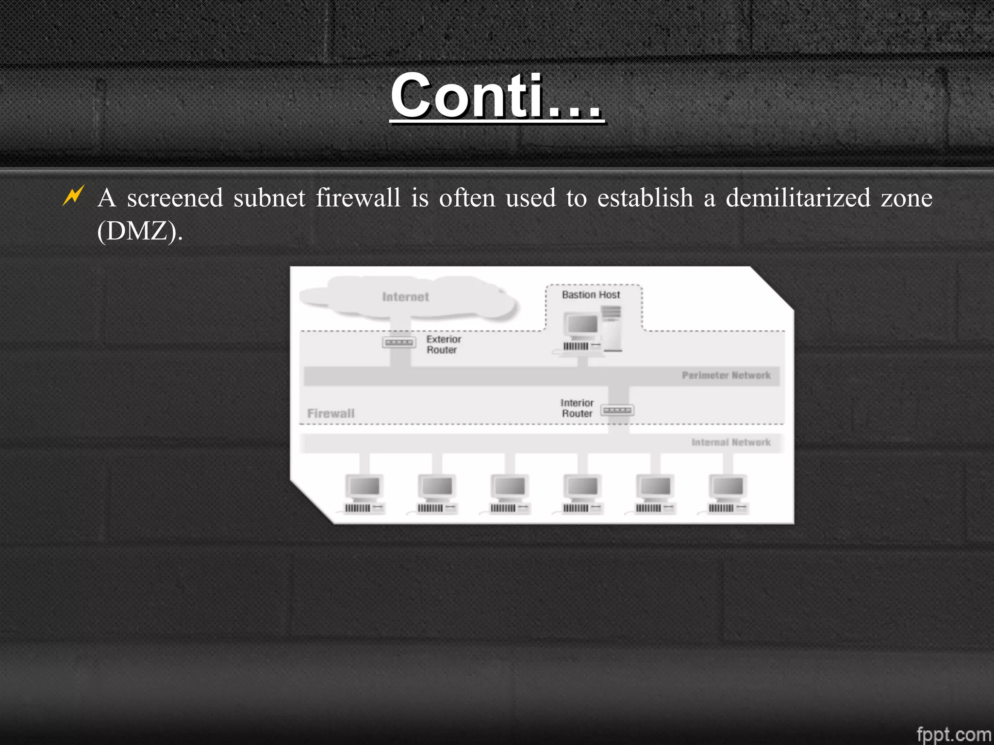 Conti…Conti…
 A screened subnet firewall is often used to establish a demilitarized zone
(DMZ).
 