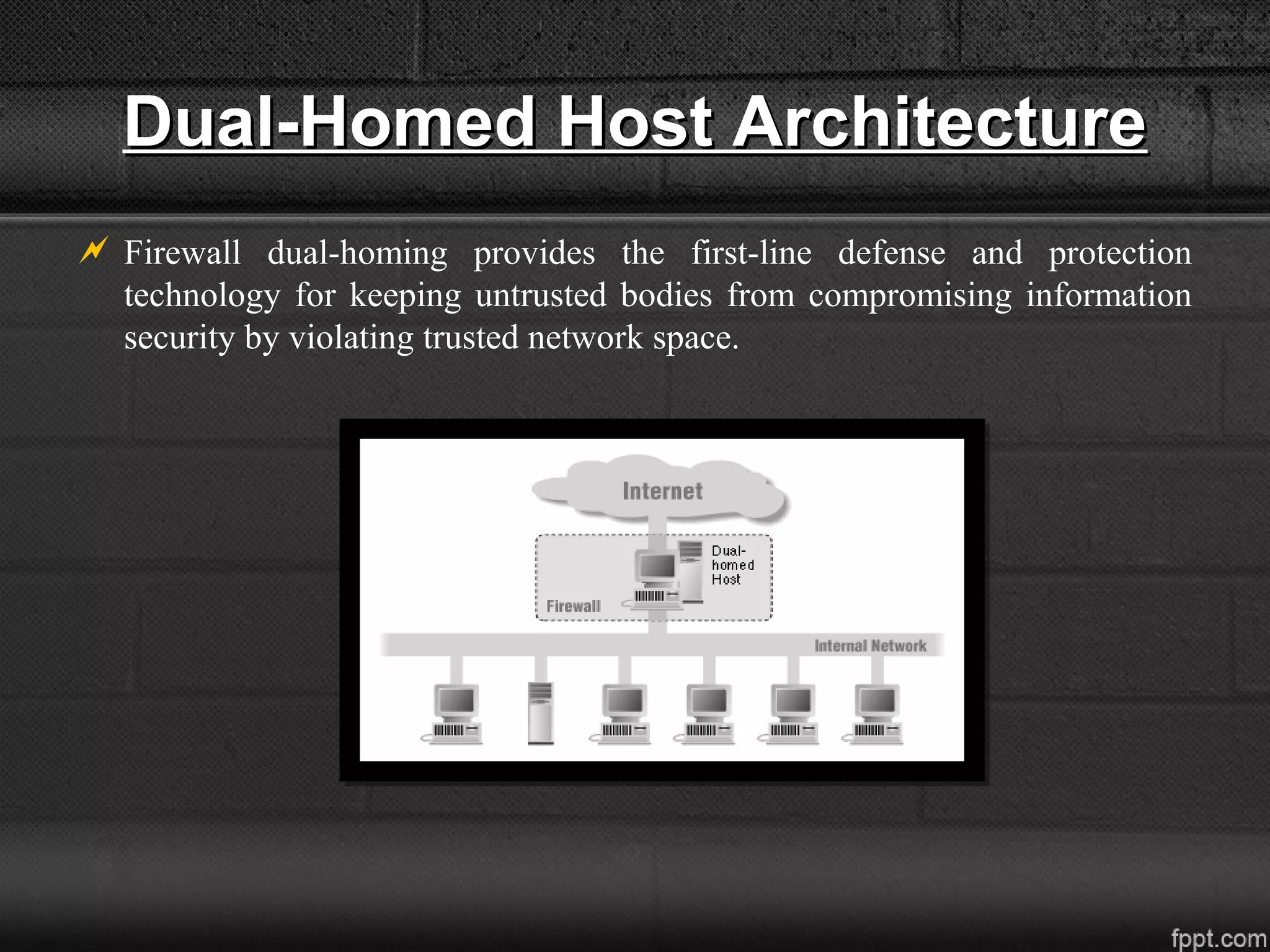 Dual-Homed Host ArchitectureDual-Homed Host Architecture
 Firewall dual-homing provides the first-line defense and protection
technology for keeping untrusted bodies from compromising information
security by violating trusted network space.
 