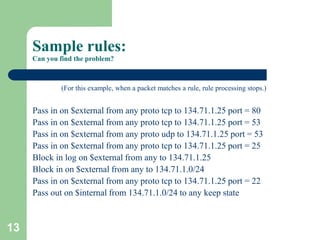 13
Sample rules:
Can you find the problem?
(For this example, when a packet matches a rule, rule processing stops.)
Pass in on $external from any proto tcp to 134.71.1.25 port = 80
Pass in on $external from any proto tcp to 134.71.1.25 port = 53
Pass in on $external from any proto udp to 134.71.1.25 port = 53
Pass in on $external from any proto tcp to 134.71.1.25 port = 25
Block in log on $external from any to 134.71.1.25
Block in on $external from any to 134.71.1.0/24
Pass in on $external from any proto tcp to 134.71.1.25 port = 22
Pass out on $internal from 134.71.1.0/24 to any keep state
 