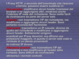 I Proxy HTTP, a seconda dell'anonimato che riescono a fornire, possono essere suddivisi in: Non anonimi : modificano alcuni header trasmessi dal browser e ne aggiungono altri, mostrano anche l'indirizzo IP reale del richiedente. Sono molto facili da riconoscere da parte del server web. Anonimi : non trasmettono l'IP del richiedente, ma modificano o aggiungono alcuni header. Sono pertanto riconoscibili facilmente Distorcenti : trasmettono un IP casuale, diverso da quello del richiedente e modificano o aggiungono alcuni header. Solitamente vengono  scambiati per Proxy Anonimi, ma offrono una protezione maggiore, in quanto il server web vede le richieste di un utente provenienti  da indirizzi IP diversi. Altamente anonimi : non trasmettono l'IP del richiedente e non modificano gli header della richiesta. Sono difficili da riconoscere  attraverso i normali controlli. 