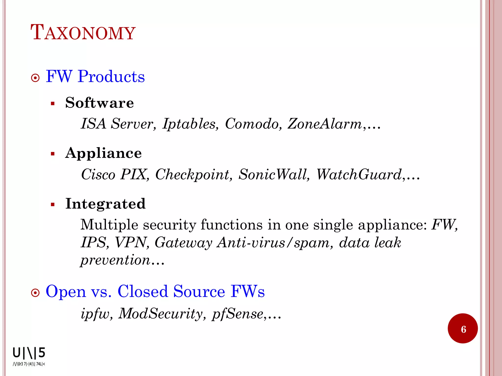 TAXONOMY

   FW Products
       Software
          ISA Server, Iptables, Comodo, ZoneAlarm,…

       Appliance
         Cisco PIX, Checkpoint, SonicWall, WatchGuard,…

       Integrated
          Multiple security functions in one single appliance: FW,
          IPS, VPN, Gateway Anti-virus/spam, data leak
          prevention…

   Open vs. Closed Source FWs
          ipfw, ModSecurity, pfSense,…
                                                                     6
 