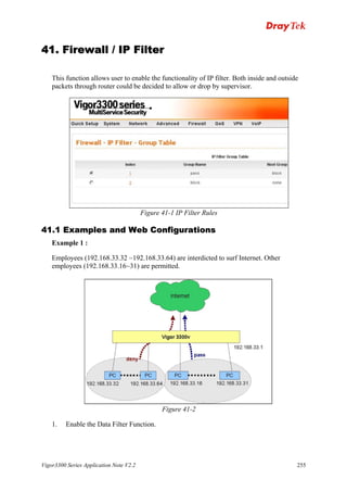 41. Firewall / IP Filter

    This function allows user to enable the functionality of IP filter. Both inside and outside
    packets through router could be decided to allow or drop by supervisor.




                                         Figure 41-1 IP Filter Rules

41.1 Examples and Web Configurations
    Example 1 :

    Employees (192.168.33.32 ~192.168.33.64) are interdicted to surf Internet. Other
    employees (192.168.33.16~31) are permitted.




                                                Figure 41-2

    1.   Enable the Data Filter Function.




Vigor3300 Series Application Note V2.2                                                        255
 