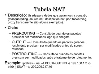 Tabela NAT Descrição:  Usada para dados que geram outra conexão (masquerading, source nat, destination nat, port forwarding, proxy transparente são alguns exemplos). Chain: PREROUTING  -> Consultado quando os pacotes precisam ser modificados logo que chegam. OUTPUT ->  Consultado quando os pacotes gerados localmente precisam ser modificados antes de serem roteados. POSTROUTING ->  Consultado quando os pacotes precisam ser modificados após o tratamento de roteamento. Exemplo:  iptables -t nat -A POSTROUTING -s 192.168.1.2 -o eth0 -j SNAT --to 200.200.217.40 