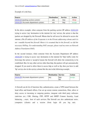 Notes on Firewall – asokanak@hotmail.com (Skype: asokanchennai)



Example of a rule base.


Source                                                        Destination      Service         Action
10.0.0.10 (packing section system)                                any           Any             Drop
10.0.0.20 (Accounts department system)                            any           http           accept



In the above example, when someone from the packing section (IP address 10.0.0.10)
trying to access 'any' destination in the internet for 'any' service, the action is that the
packets are dropped by the Firewall. Means that he will never be allowed to access the
internet. (The IP address of the Corporate is in the Private addressing scheme and it is
not routable beyond the firewall. Hence it is assumed that in the firewall, we did the
necessary NATing. For understanding NAT concepts, please read my notes on Network
Address Translation (NAT).

In the second instance, when someone from the Accounts Department (IP address
10.0.0.20) is trying to access 'any' destination in the internet for 'http' traffic (only for
browsing) the action is 'accept'ed means the firewall will allow the connectivity to be
established. But, for any other service other than http, the packets will get automatically
dropped. If you need to allow them to access http as well as ftp, then you have to add
'ftp' service also in the service column like the one in the following example.


Source                                                        Destination Service          Action
10.0.0.20 (Accounts department system)                        any         http             accept
                                                                          ftp



A firewall can do lot of functions like, authentication, create a VPN tunnel between the
head office and branch offices, Can set up secure remote connections, filter, allow or
deny access to incoming or outgoing packets, integrate with third party softwares
(antivirus etc.) URL filtering, FTP, HTTP and SMTP Content Security, Load
balancing…..waav, host of such services. The firewall can also authenticate users,
computers        (clients)      and     a    session       (from   login    till   you   log   out).
 
