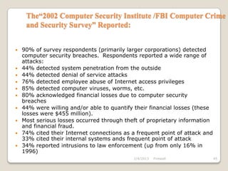 The“2002 Computer Security Institute /FBI Computer Crime
     and Security Survey” Reported:


   90% of survey respondents (primarily larger corporations) detected
    computer security breaches. Respondents reported a wide range of
    attacks:
   44% detected system penetration from the outside
   44% detected denial of service attacks
   76% detected employee abuse of Internet access privileges
   85% detected computer viruses, worms, etc.
   80% acknowledged financial losses due to computer security
    breaches
   44% were willing and/or able to quantify their financial losses (these
    losses were $455 million).
   Most serious losses occurred through theft of proprietary information
    and financial fraud.
   74% cited their Internet connections as a frequent point of attack and
    33% cited their internal systems ands frequent point of attack
   34% reported intrusions to law enforcement (up from only 16% in
    1996)
                                             2/4/2013   Firewall             45
 