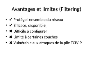 Avantages et limites (Filtering)
• ✔ Protège l’ensemble du réseau
• ✔ Efficace, disponible
• ✖ Difficile à configurer
• ✖ Limité à certaines couches
• ✖ Vulnérable aux attaques de la pile TCP/IP
 