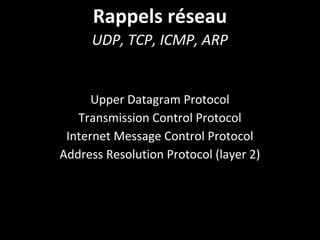 Rappels réseau
UDP, TCP, ICMP, ARP
Upper Datagram Protocol
Transmission Control Protocol
Internet Message Control Protocol
Address Resolution Protocol (layer 2)
 