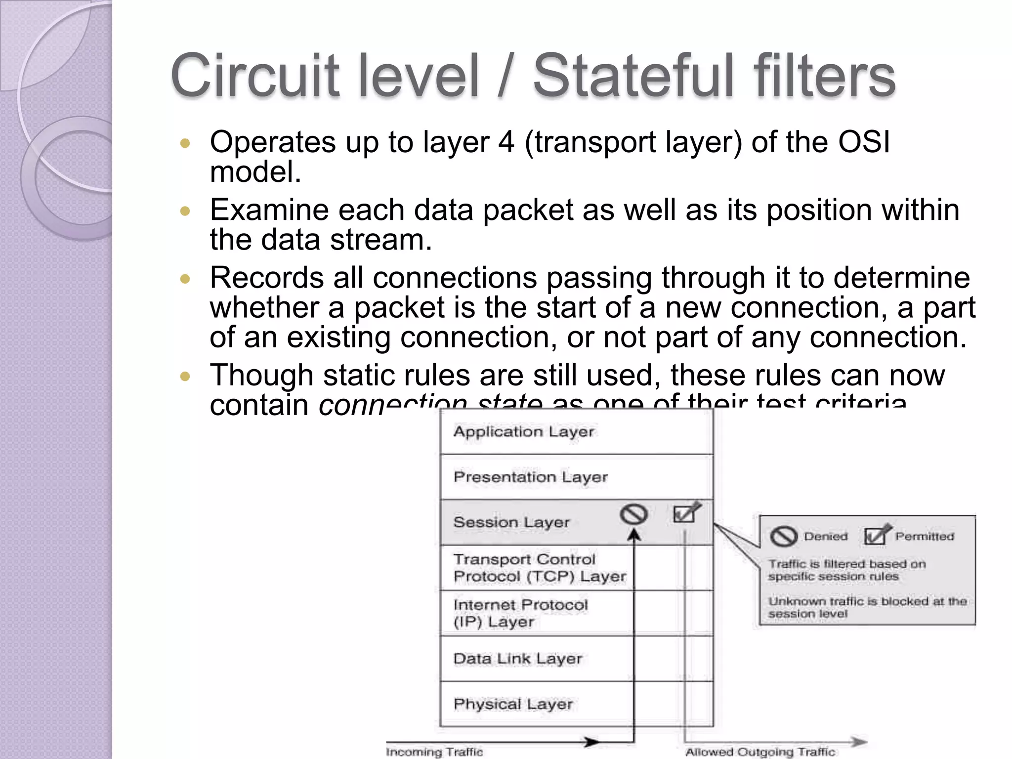 Circuit level / Stateful filters
Operates up to layer 4 (transport layer) of the OSI
model.
 Examine each data packet as well as its position within
the data stream.
 Records all connections passing through it to determine
whether a packet is the start of a new connection, a part
of an existing connection, or not part of any connection.
 Though static rules are still used, these rules can now
contain connection state as one of their test criteria.


 