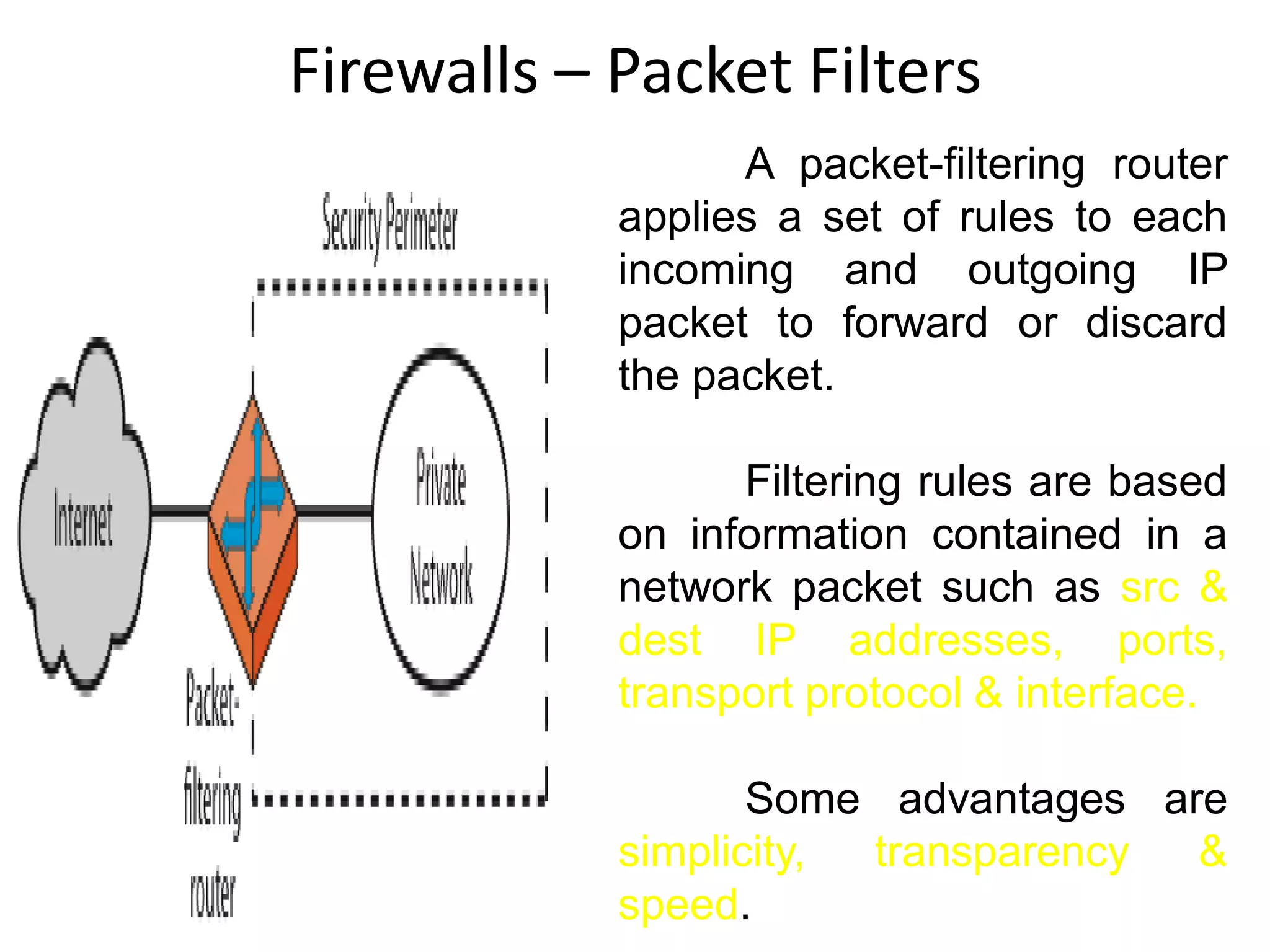 Firewalls – Packet Filters
A packet-filtering router
applies a set of rules to each
incoming and outgoing IP
packet to forward or discard
the packet.
Filtering rules are based
on information contained in a
network packet such as src &
dest IP addresses, ports,
transport protocol & interface.
Some advantages are
simplicity, transparency &
speed.
 