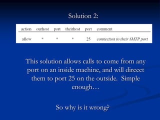 Solution 2:
This solution allows calls to come from any
port on an inside machine, and will direect
them to port 25 on the outside. Simple
enough…
So why is it wrong?
 