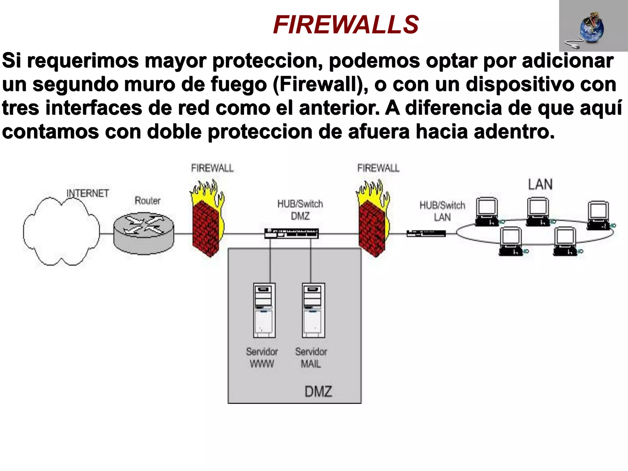 FIREWALLS
Si requerimos mayor proteccion, podemos optar por adicionar
un segundo muro de fuego (Firewall), o con un dispositivo con
tres interfaces de red como el anterior. A diferencia de que aquí
contamos con doble proteccion de afuera hacia adentro.
 