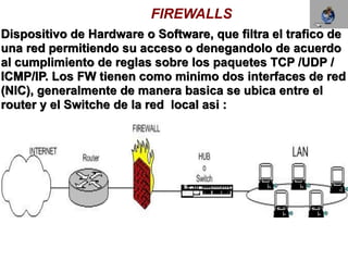 FIREWALLS
Dispositivo de Hardware o Software, que filtra el trafico de
una red permitiendo su acceso o denegandolo de acuerdo
al cumplimiento de reglas sobre los paquetes TCP /UDP /
ICMP/IP. Los FW tienen como minimo dos interfaces de red
(NIC), generalmente de manera basica se ubica entre el
router y el Switche de la red local asi :
 