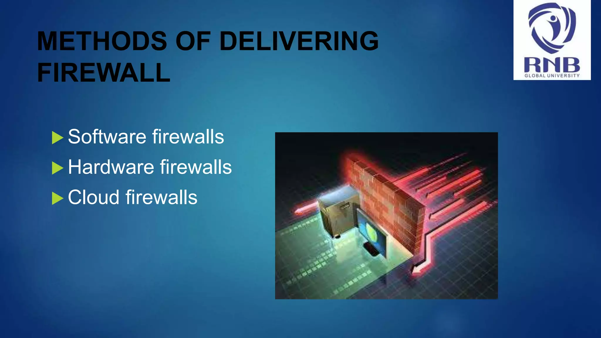 METHODS OF DELIVERING FIREWALL  Software firewalls  Hardware firewalls  Cloud firewalls 