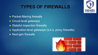 TYPES OF FIREWALLS
 Packet-filtering firewalls
 Circuit-level gateways
 Stateful inspection firewalls
 Application-level gateways (a.k.a. proxy firewalls)
 Next-gen firewalls
 
