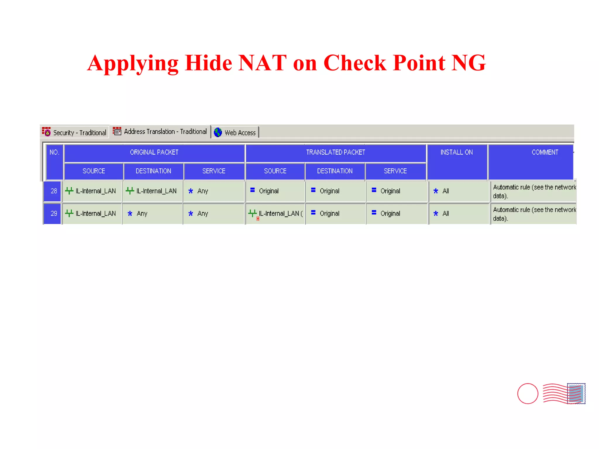 Applying Hide NAT on Check Point NG 