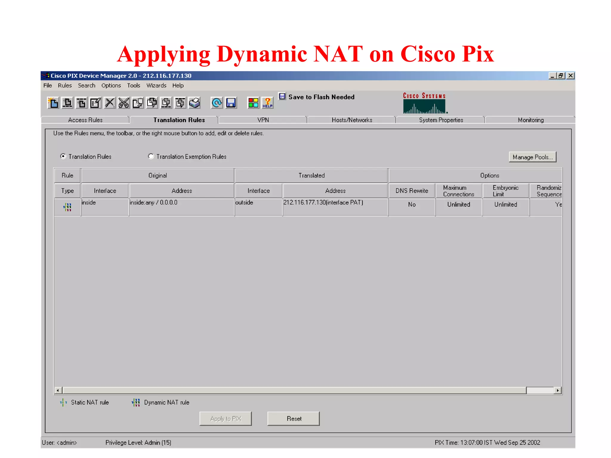 Applying Dynamic NAT on Cisco Pix 