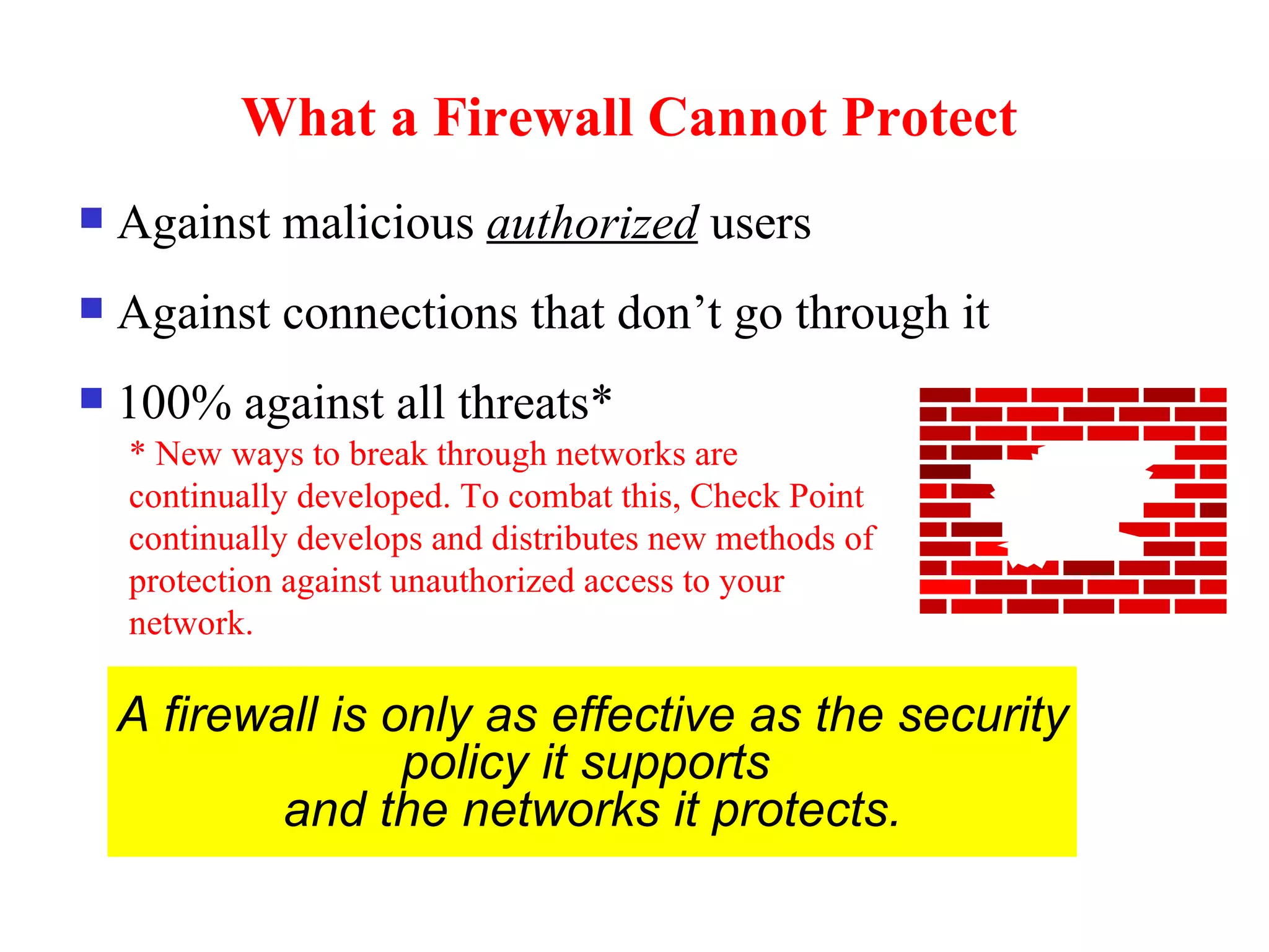 What a Firewall Cannot Protect Against malicious  authorized  users Against connections that don’t go through it 100% against all threats*  A firewall is only as effective as the security policy it supports  and the networks it protects. *  New ways to break through networks are continually developed. To combat this, Check Point continually develops and distributes new methods of protection against unauthorized access to your network. 