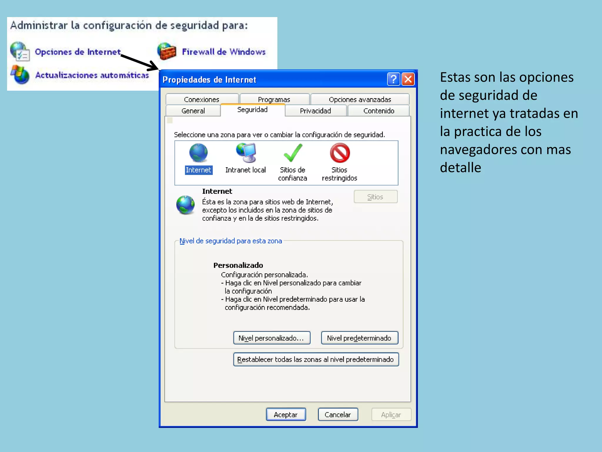 Estas son las opciones
de seguridad de
internet ya tratadas en
la practica de los
navegadores con mas
detalle
 