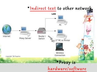 Indirect text to other network. 
Proxy is 
hardware/software 
 
