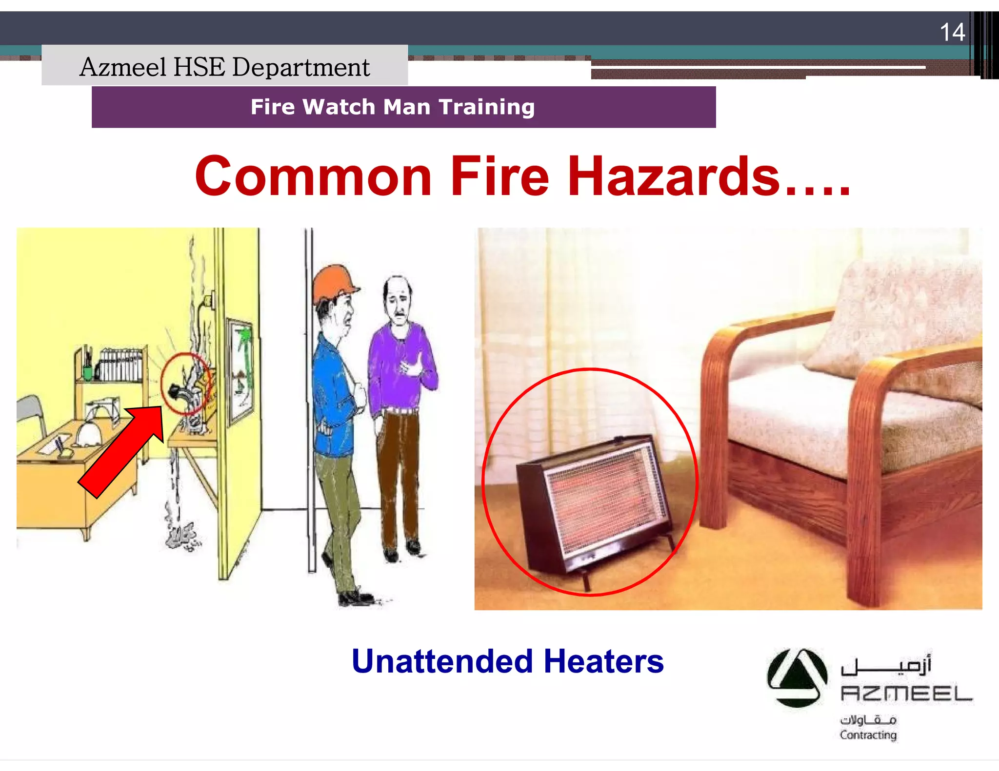 Saudi Kayan Petrochemical Complex ProjectSaudi Kayan Petrochemical Complex Project
14
Fire Watch Man TrainingFire Watch Man Training
Common Fire Hazards….Common Fire Hazards….
Unattended HeatersUnattended Heaters
Azmeel HSE Department
 