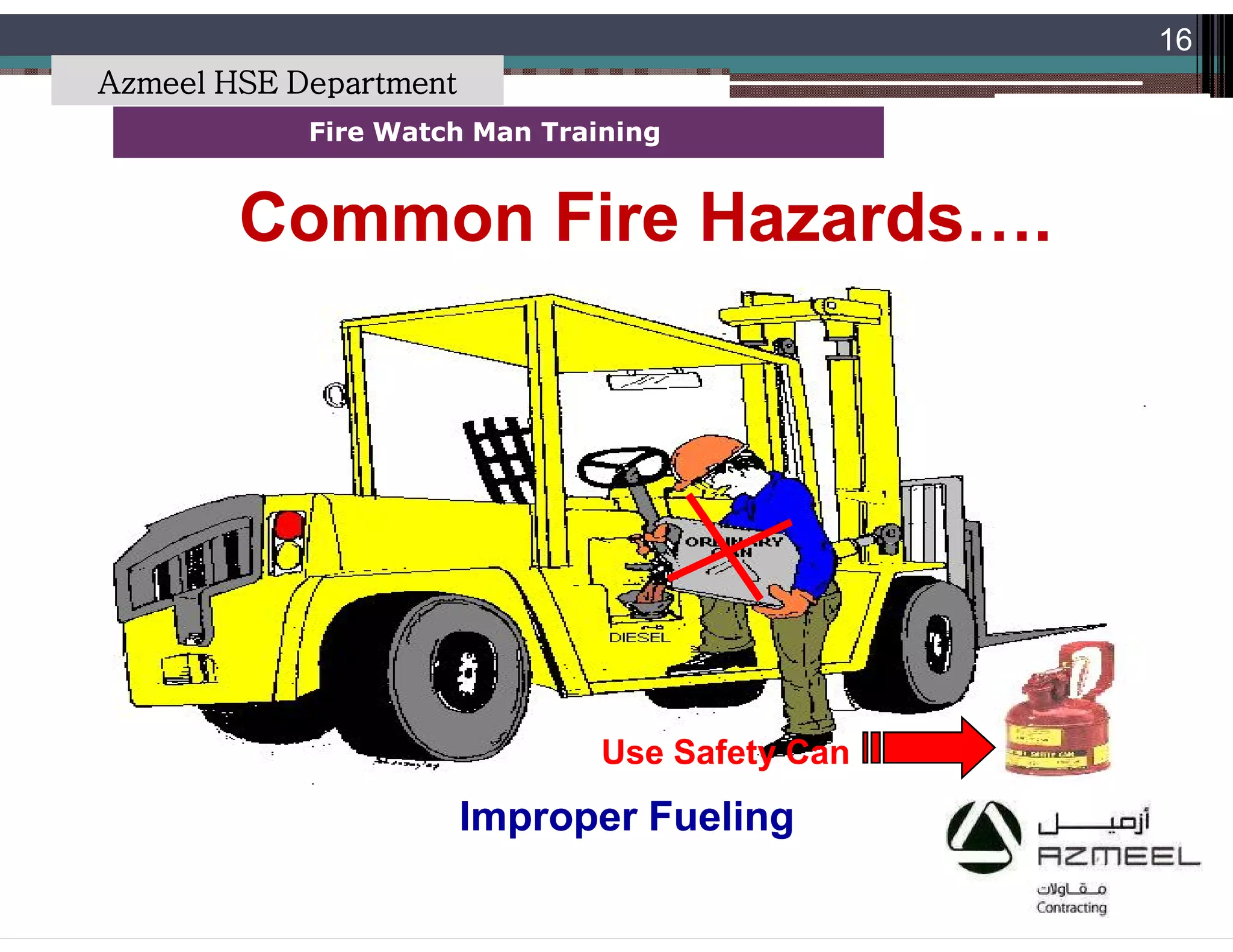 Saudi Kayan Petrochemical Complex ProjectSaudi Kayan Petrochemical Complex Project
16
Fire Watch Man TrainingFire Watch Man Training
Common Fire Hazards….Common Fire Hazards….
Improper FuelingImproper Fueling
Use Safety Can
Azmeel HSE Department
 