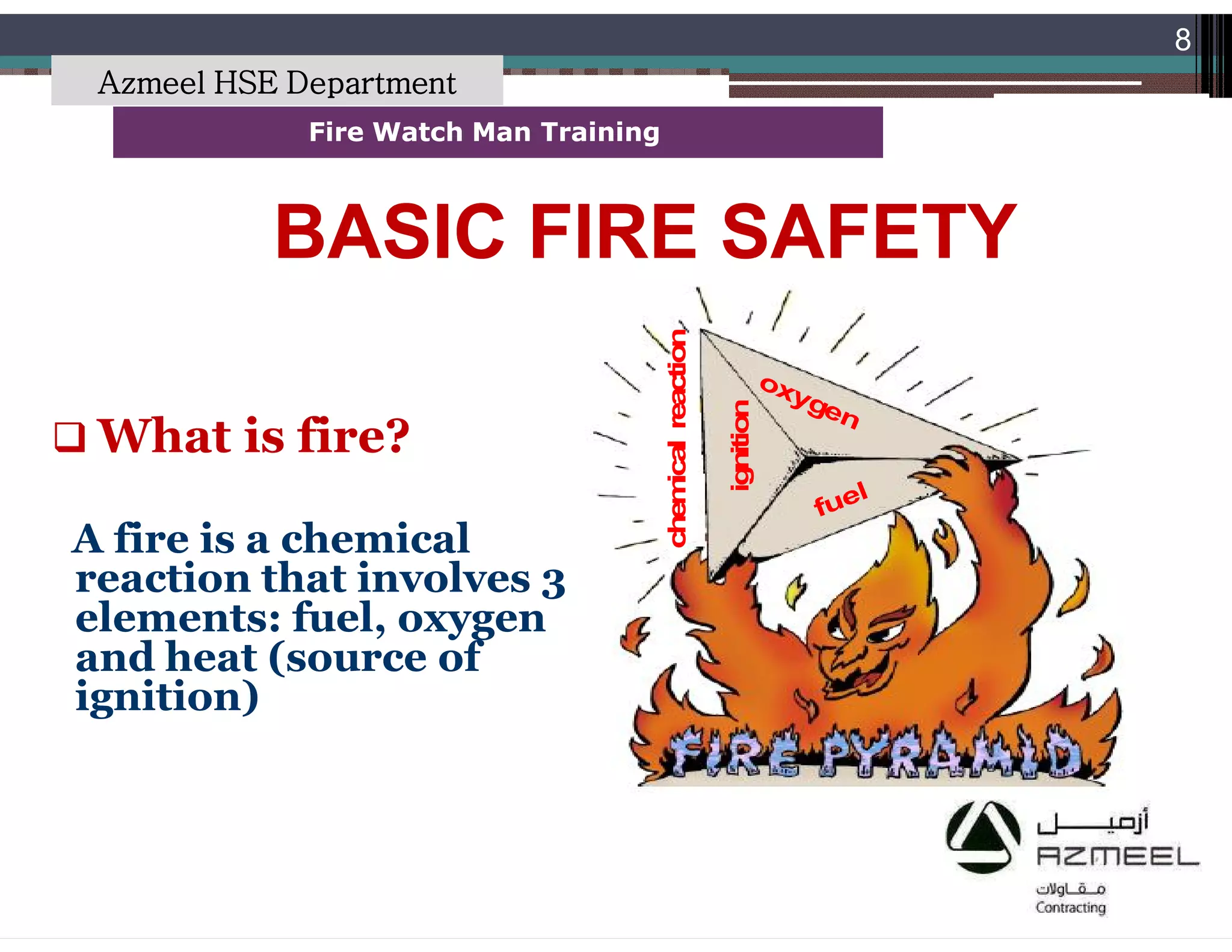 Saudi Kayan Petrochemical Complex ProjectSaudi Kayan Petrochemical Complex Project
8
Fire Watch Man TrainingFire Watch Man Training
oxygen
ignition
fuel
chemicalreaction
 What is fire?
A fire is a chemical
reaction that involves 3
elements: fuel, oxygen
and heat (source of
ignition)
BASIC FIRE SAFETYBASIC FIRE SAFETY
Azmeel HSE Department
 