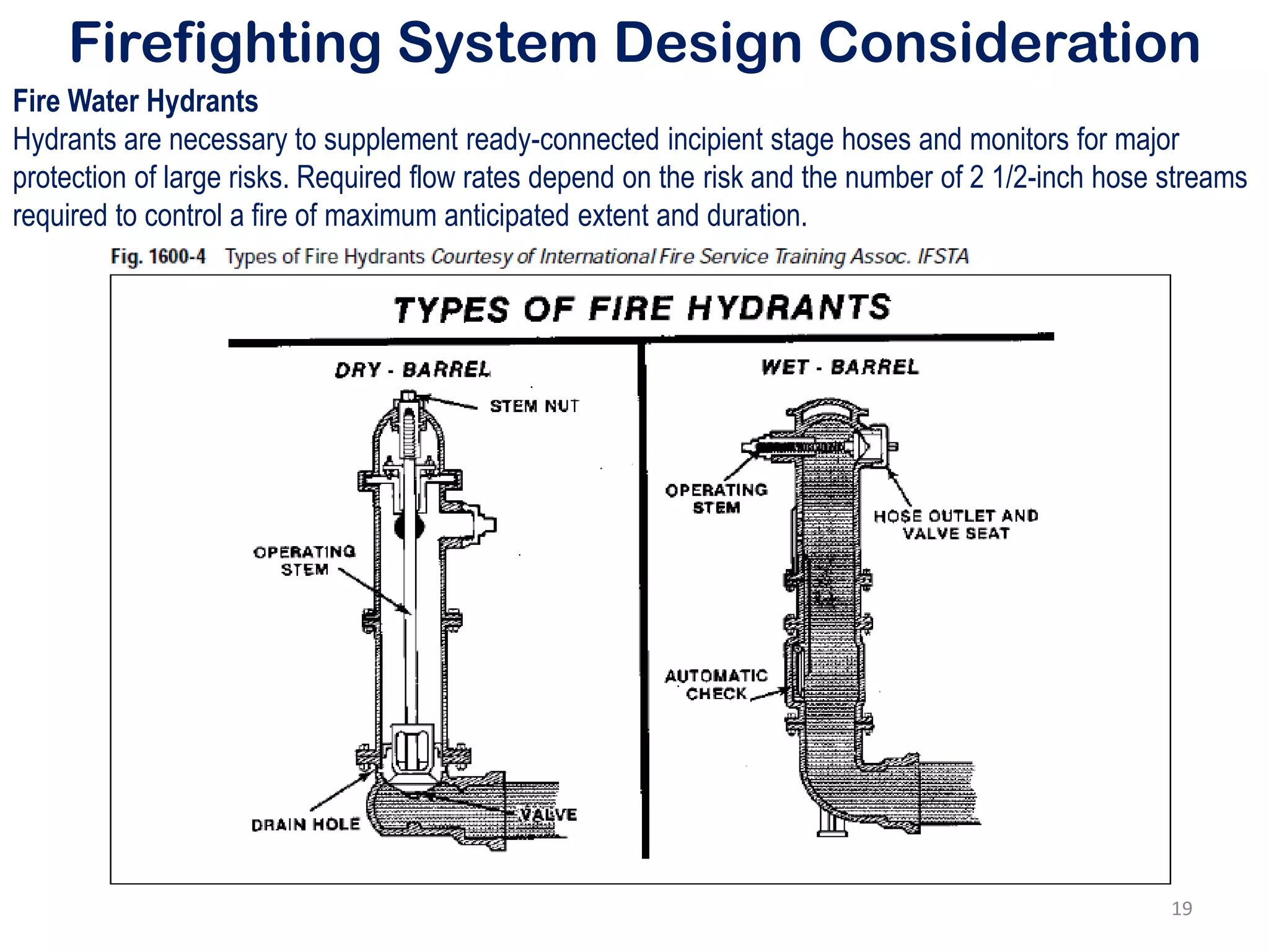 Firefighting System Design Consideration
Fire Water Hydrants
Hydrants are necessary to supplement ready-connected incipient stage hoses and monitors for major
protection of large risks. Required flow rates depend on the risk and the number of 2 1/2-inch hose streams
required to control a fire of maximum anticipated extent and duration.
19
 