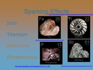 Sparking Effects
Iron
Titanium
Antimony
Phosphorous
http://www.periodictable.com/Samples/026.32/s7s.JPG
http://www.theodoregray.com/periodictable/Samples/022.18/s15s.JPG
http://www.periodictable.com/Samples/051.15/s7s.JPGhttp://periodictable.com/Samples/015.6/s13.JPG
 