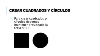 CREAR CUADRADOS Y CÍRCULOS
5
1. Para crear cuadrados o
círculos debemos
mantener presionada la
tecla SHIFT
 