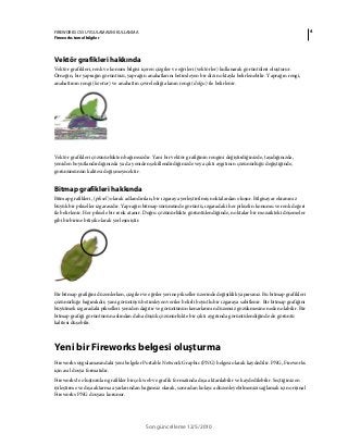 4FIREWORKS CS5 UYGULAMASINI KULLANMA
Fireworks temel bilgiler
Son güncelleme 12/5/2010
Vektör grafikleri hakkında
Vektör grafikleri, renk ve konum bilgisi içeren çizgiler ve eğrileri (vektörler) kullanarak görüntüleri oluşturur.
Örneğin, bir yaprağın görüntüsü, yaprağın anahatlarını betimleyen bir dizi noktayla belirlenebilir. Yaprağın rengi,
anahattının rengi (kontur) ve anahattın çevrelediği alanın rengi (dolgu) ile belirlenir.
Vektör grafikleri çözünürlükten bağımsızdır. Yani bir vektör grafiğinin rengini değiştirdiğinizde, taşıdığınızda,
yeniden boyutlandırdığınızda ya da yeniden şekillendirdiğinizde veya çıktı aygıtının çözünürlüğü değiştiğinde,
görünümünün kalitesi değişmeyecektir.
Bitmap grafikleri hakkında
Bitmap grafikleri, (piksel) olarak adlandırılan, bir ızgaraya yerleştirilmiş noktalardan oluşur. Bilgisayar ekranınız
büyük bir pikseller ızgarasıdır. Yaprağın bitmap sürümünde görüntü, ızgaradaki her pikselin konumu ve renk değeri
ile belirlenir. Her piksele bir renk atanır. Doğru çözünürlükte görüntülendiğinde, noktalar bir mozaikteki döşemeler
gibi birbirine bitişik olarak yerleşmiştir.
Bir bitmap grafiğini düzenlerken, çizgiler ve eğriler yerine pikseller üzerinde değişiklik yaparsınız. Bu bitmap grafikleri
çözünürlüğe bağımlıdır, yani görüntüyü betimleyen veriler belirli boyutlu bir ızgaraya sabitlenir. Bir bitmap grafiğini
büyütmek ızgaradaki pikselleri yeniden dağıtır ve görüntünün kenarlarının düzensiz gözükmesine neden olabilir. Bir
bitmap grafiği görüntünün aslından daha düşük çözünürlükte bir çıktı aygıtında görüntülendiğinde de görüntü
kalitesi düşebilir.
Yeni bir Fireworks belgesi oluşturma
Fireworks uygulamasındaki yeni belgeler Portable Network Graphic (PNG) belgesi olarak kaydedilir. PNG, Fireworks
için asıl dosya formatıdır.
Fireworks'te oluşturulan grafikler birçok web ve grafik formatında dışa aktarılabilir ve kaydedilebilir. Seçtiğiniz en
iyileştirme ve dışa aktarma ayarlarından bağımsız olarak, sonradan kolayca düzenleyebilmenizi sağlamak için orijinal
Fireworks PNG dosyası korunur.
 