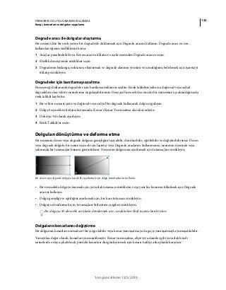 122FIREWORKS CS5 UYGULAMASINI KULLANMA
Rengi, konturları ve dolguları uygulama
Son güncelleme 12/5/2010
Degrade aracı ile dolgular oluşturma
Bir nesneyi düz bir renk yerine bir degradeyle doldurmak için Degrade aracını kullanın. Degrade aracı en son
kullanılan öğenin özelliklerini korur.
1 Araçlar panelindeki Boya Kovası aracını tıklatın ve açılır menüden Degrade aracını seçin.
2 Özellik denetçisinde nitelikleri seçin.
3 Degradenin başlangıç noktasını oluşturmak ve degrade alanının yönünü ve uzunluğunu belirlemek için işaretçiyi
tıklatıp sürükleyin.
Degradeler için bantlamayı azaltma
Bu seçeneği kullanarak degradeler için bantlama miktarını azaltın. Renk taklidini yalnızca doğrusal veya radyal
degradeleri olan vektör nesnelerine uygulayabilirsiniz. Dosyayı Fireworks'ün önceki bir sürümüne içe aktardığınızda
renk taklidi kaybolur.
1 Bir vektör nesnesi çizin ve doğrusal veya radyal bir degrade kullanarak dolgu uygulayın.
2 Dolgu Seçenekleri iletişim kutusunda, Kenar'ı Kenar Yumuşatma olarak ayarlayın.
3 Doku'yu %0 olarak ayarlayın.
4 Renk Taklidi'ni seçin.
Dolguları dönüştürme ve deforme etme
Bir nesnenin desen veya degrade dolgusu genişliğini taşıyabilir, döndürebilir, eğriltebilir ve değiştirebilirsiniz. Desen
veya degrade dolgulu bir nesne seçmek için İşaretçi veya Degrade araçlarını kullanırsanız, nesnenin üzerinde veya
yakınında bir tutamaçlar kümesi görüntülenir. Nesnenin dolgusunu ayarlamak için tutamaçları sürükleyin.
Bir desen veya degrade dolguyu karşılıklı ayarlamak için dolgu tutamaçlarını kullanın.
• Bir nesnedeki dolguyu taşımak için, yuvarlak tutamacı sürükleyin veya yeni bir konumu tıklatmak için Degrade
aracını kullanın.
• Dolgu genişliği ve eğriliğini ayarlamak için, bir kare tutamacı sürükleyin.
• Dolguyu döndürmek için, tutamaçları birleştiren çizgileri sürükleyin.
Bir dolguyu 45 derecelik artışlarla döndürmek için, sürüklerken Shift tuşunu basılı tutun.
Dolguların kenarlarını değiştirme
Bir dolgunun kenarları normal sert bir çizgi olabilir veya kenar yumuşatma ya da geçiş yumuşatmayla yumuşatılabilir.
Varsayılan değer olarak, kenarları yumuşatılmıştır. Kenar yumuşatma, elips veya daireler gibi yuvarlak köşeli
nesnelerde ortaya çıkabilecek pürüzlü kenarları düzgünleştirmek için kenarı hafifçe arka planla karıştırır.
 
