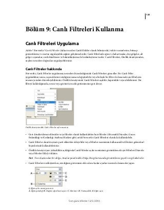 125
Son güncelleme 12/5/2010
Bölüm 9: Canlı Filtreleri Kullanma
Canlı Filtreleri Uygulama
Adobe® Fireworks® Canlı Filtreler (daha önceden Canlı Efektler olarak biliniyordu) vektör nesnelerine, bitmap
görüntülerine ve metne uygulayabileceğiniz geliştirmelerdir. Canlı Filtrelerde eğim ve kabartmalar, düz gölgeler, alt
gölge ve ışımalar, renk düzeltmesi ve bulanıklaştırma ile keskinleştirme vardır. Canlı Filtreleri, Özellik denetçisinden,
seçilen nesnelere doğrudan uygulayabilirsiniz.
Canlı Filtreler hakkında
Fireworks, Canlı Filtreler uygulanmış nesneleri düzenlediğinizde Canlı Filtreleri günceller. Bir Canlı Filtre
uyguladıktan sonra, seçeneklerini istediğiniz zaman değiştirebilir veya birleşik bir filtre ile denemek için filtrelerin
sırasını yeniden düzenleyebilirsiniz. Özellik denetçisinde Canlı Filtreleri açabilir, kapatabilir veya silebilirsiniz. Bir
filtreyi kaldırdığınızda, nesne veya görüntü önceki görünümüne geri döner.
Özellik denetçisindeki Canlı Filtreler açılır menüsü
• Geri döndürülemez eklentiler veya filtreler olarak kullanılabilen bazı filtreler (Otomatik Düzeyler, Gauss
Bulanıklığı ve Keskinliği Azaltma Maskesi gibi) artık Fireworks Canlı Filtreleri olarak da kullanılabilir.
• Canlı Filtreler olarak üçüncü parti eklentiler ekleyebilir veya Filtreler menüsünü kullanarak bu filtreleri geleneksel
biçimlerinde kullanabilirsiniz.
• Özellik denetçisi yarı yükseklikte açıldığında Canlı Filtreler açılır menüsünü görüntülemek için Filtreleri Düzenle
veya Filtreler Ekle'yi tıklatın.
Not: Yeni oluşturulan bir dolgu, Araçlar panelindeki Dolgu Rengi kutusunda görüntülenen geçerli rengi kabul eder.
• Canlı Filtreleri özelleştirirken, istediğiniz görünümü elde edene kadar ayarlar üzerinde denemeler yapın.
İç Eğim açılır menü penceresi
A. Eğim genişliği B. Düğme eğim hazır ayarı C. Kontrast D. Yumuşaklık E. Eğim açısı
C
E
D
B
A
 