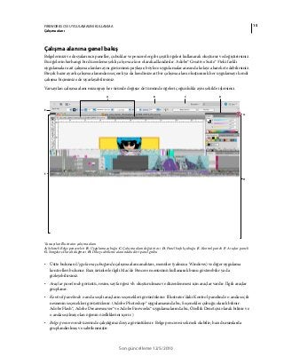 15FIREWORKS CS5 UYGULAMASINI KULLANMA
Çalışma alanı
Son güncelleme 12/5/2010
Çalışma alanına genel bakış
Belgelerinizi ve dosyalarınızı paneller, çubuklar ve pencereler gibi çeşitli öğeleri kullanarak oluşturur ve değiştirirsiniz.
Bu öğelerin herhangi bir düzenleme şekli çalışma alanı olarak adlandırılır. Adobe® Creative Suite® 5'teki farklı
uygulamalara ait çalışma alanları aynı görünümü paylaşır; böylece uygulamalar arasında kolayca hareket edebilirsiniz.
Birçok hazır ayarlı çalışma alanından seçerek ya da kendinize ait bir çalışma alanı oluşturarak her uygulamayı kendi
çalışma biçiminize de uyarlayabilirsiniz.
Varsayılan çalışma alanı mizanpajı her üründe değişse de tümünde öğeleri çoğunlukla aynı şekilde işlersiniz.
Varsayılan Illustrator çalışma alanı
A. Sekmeli Belge pencereleri B. Uygulama çubuğu C. Çalışma alanı değiştiricisi D. Panel başlık çubuğu E. Kontrol paneli F. Araçlar paneli
G. Simgelere Daralt düğmesi H. Dikey sabitleme alanındaki dört panel grubu
• Üstte bulunan Uygulama çubuğunda çalışma alanı anahtarı, menüler (yalnızca Windows) ve diğer uygulama
kontrolleri bulunur. Bazı ürünlerle ilgili Mac'de Pencere menüsünü kullanarak bunu gösterebilir ya da
gizleyebilirsiniz.
• Araçlar panelinde görüntü, resim, sayfa öğesi vb. oluşturulması ve düzenlenmesi için araçlar vardır. İlgili araçlar
gruplanır.
• Kontrol panelinde o anda seçili araçların seçenekleri görüntülenir. Illustrator'daki Kontrol panelinde o anda seçili
nesnenin seçenekleri görüntülenir. (Adobe Photoshop® uygulamasında bu, Seçenekler çubuğu olarak bilinir.
Adobe Flash®, Adobe Dreamweaver® ve Adobe Fireworks® uygulamalarında bu, Özellik Denetçisi olarak bilinir ve
o anda seçilmiş olan öğenin özelliklerini içerir.)
• Belge penceresinde üzerinde çalıştığınız dosya görüntülenir. Belge penceresi sekmeli olabilir; bazı durumlarda
gruplandırılmış ve sabitlenmiştir.
G
F
H
A B DC
E
 