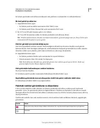 236FIREWORKS CS5 UYGULAMASINI KULLANMA
En iyileştirme ve dışa aktarma
Son güncelleme 12/5/2010
En İyileştir panelindeki renk tablosunu kullanarak renk paletlerini en iyileştirebilir ve özelleştirebilirsiniz.
Bir özel paleti içe aktarma
1 Aşağıdakilerden birini yapın:
• En İyileştir paneli seçenekler menüsünden Palet Yükle’yi seçin.
• En İyileştir paneli Dizine Alınmış Palet açılır menüsünden Özel’i seçin.
2 Bir ACT veya GIF palet dosyasına gelin ve Aç’ı tıklatın.
ACT veya GIF dosyasından renkler, En İyileştir panelindeki renk tablosuna eklenir.
Not: Windows kullanıcılarının, dosyaları Aç iletişim kutusunda bir .gif uzantısıyla görmesi için, Dosya Türleri açılır
menüsünden GIF Dosyaları’nı seçmesi gerekir.
8 bit bir görüntü için renk derinliği seçme
Renk derinliği grafikteki renklerin sayısıdır. Renk derinliğini azaltmak dosya boyutunu küçültür ancak görüntü
kalitesini düşürür. Renk derinliğini azalttığınızda, az kullanılanlardan başlayarak görüntüdeki bazı renkler çıkartılır.
Çıkartılan renkleri içeren pikseller, palette kalan renklerden en yakın renge dönüştürülür.
❖ Aşağıdakilerden birini yapın:
• En İyileştir panelinde, Renkler açılır menüsünden bir seçenek belirleyin.
• Metin kutusunda (2'den 256'ya kadar) bir değer girin.
Not: Renk tablosunun altındaki sayı, görüntüde görünür olan renklerin gerçek sayısını belirtir. Hiçbir sayı
görünür değilse Yeniden Oluştur düğmesini tıklatın.
8 bit görüntüde kullanılmayan renkleri kaldırma
Bu, dosya boyutunu küçültür.
❖ En İyileştir paneli Seçenekler menüsünden Kullanılmayan Renkleri Kaldır’ı seçin.
Kaydedilmiş görüntüde mevcut olmayanları dahil tüm palet renklerini dahil etme
❖ Kullanılmayan Renkleri Kaldır’ın seçeneğini kaldırın.
Paletteki renkleri görüntüleme ve düzenleme
8–bit veya daha düşük bir renkle çalışırken, En İyileştir panelindeki renk tablosu, renkleri geçerli önizlemede
görüntüler. Ayrıca, bir görüntünün paletini de değiştirebilirsiniz. Önizleme modundayken, renk tablosu otomatik
olarak güncellenir. Bir seferde birden fazla dilimi en iyileştiriyorsanız veya 8 bit bir formatta çalışmıyorsanız, tablo boş
olarak görüntülenir.
Çeşitli küçük semboller bazı renk örnekleri üzerinde, tek tek renklerin belirli özelliklerini belirterek, aşağıdaki gibi
görüntülenir:
Sembol Anlam
Renk, yalnızca dışa aktarılan belgeyi etkileyerek düzenlendi. Bir rengi düzenlemek kaynak belgedeki rengi değiştirmez.
Renk kilitli.
 