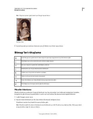 56FIREWORKS CS5 UYGULAMASINI KULLANMA
Bitmap’lerle çalışma
Son güncelleme 12/5/2010
Not: Kırpma seçimini iptal etmek için Escape tuşuna basın.
Sınırlayıcı kutu
4 Seçimi kırpmak için sınırlayıcı kutunun içini çift tıklatın veya Enter tuşuna basın.
Bitmap’leri rötuşlama
Pikselleri klonlama
Pikselleri klonlama, çizilmiş bir fotoğrafı düzeltmek veya bir görüntüden tozu kaldırmak istediğinizde faydalıdır;
fotoğrafın bir piksel alanını kopyalayabilir ve çizik veya tozlu noktayı klonlanmış alanla değiştirebilirsiniz.
1 Lastik Damgası aracını seçin.
2 Kaynak olarak belirlemek için bir alanı tıklatın (klonlamak istediğiniz alanı).
Örnekleme işaretçisi haç biçimli bir işaretçi haline gelir.
Not: Piksellerin farklı bir alanını klonlamak üzere belirlemek için Alt (Windows) veya Option (Mac OS) tuşunu basılı
tutup piksellerin diğer bir alanını tıklatın.
Lastik Damgası aracı görüntünün bir alanını başka bir görüntüye kopyalamanızı veya klonlamanızı sağlar.
Bulanıklaştırma aracı bir görüntüde seçilen alanların odağını düşürür.
Leke aracı rengi alır ve görüntüde sürüklediğiniz yönde iter.
Keskinleştirme aracı bir görüntüdeki alanları keskinleştirir.
Soldurma aracı bir görüntünün kısımlarını açıklaştırır.
Yakma aracı bir görüntünün kısımlarını koyulaştırır.
Kırmızı Göz Kaldırma aracı fotoğraflardaki kırmızı göz görünümünü azaltır.
Renk Değiştir aracı bir rengin üzerini başka bir renkle boyar.
 