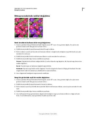59FIREWORKS CS5 UYGULAMASINI KULLANMA
Bitmap’lerle çalışma
Son güncelleme 12/5/2010
Bitmap nesnelerinde renkleri değiştirme
Orijinal fotoğraf; Renk Değiştir aracını kullandıktan sonra
Renk örneklerini kullanarak bir rengi değiştirme
1 Araçlar panelinin bitmap bölümünde Renk Değiştir aracını seçin. (Araç görünür değilse, bir açılır menü
görünene kadar Lastik Damgası aracına basılı tutun.)
2 Özellik denetçisindeki Kaynak kutusunda Renk Örneği’ni tıklatın.
3 Renk sondasını seçmek için Kaynak renk kutusunu tıklatın ve değiştirmek istediğiniz rengi belirlemek için açılır
menüden bir renk seçin.
4 Özellik denetçisindeki Hedef renk kutusunu tıklatın ve açılır menüden bir renk seçin.
5 Özellik denetçisindeki diğer kontur niteliklerini ayarlayın:
Tolerans Değiştirilecek renklerin aralığını belirler (0, sadece Kaynak rengi değiştirir; 100, Kaynak renge benzer tüm
renkleri değiştirir).
Kuvvet Kaynak rengin ne kadarının değiştirileceğini belirler.
Renklendir Kaynak rengi Hedef renk ile değiştirir. Nereden renginin bir kısmını olduğu gibi bırakarak Nereden
rengini Hedef renk ile tonlamak için, Renklendir’in seçimini kaldırın.
6 Aracı değiştirmek istediğiniz rengin üzerinde sürükleyin.
Rengi bir görüntüde seçili bir renkle değiştirme
1 Araçlar panelinin Bitmap bölümünde Renk Değiştir aracını seçin. (Araç görünür değilse, bir açılır menü
görünene kadar Lastik Damgası aracına basılı tutun.)
2 Özellik denetçisindeki Kaynak kutusunda Görüntü’yü tıklatın.
3 Renk sondasını seçmek için Özellik denetçisindeki Hedef renk kutusunu tıklatın, sonra da açılır menüden bir renk
seçin.
4 Özellik denetçisindeki diğer kontur niteliklerini ayarlayın.
5 Aracı kullanarak, bitmap görüntüsünün değiştirmek istediğiniz rengi içeren kısmını tıklatın ve düğmeyi basılı
tutun. Aracı kaldırmadan, araçla görüntüyü fırçalamaya devam edin.
 