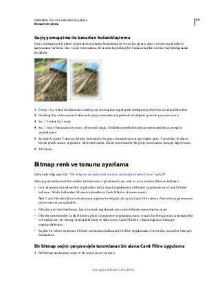 60FIREWORKS CS5 UYGULAMASINI KULLANMA
Bitmap’lerle çalışma
Son güncelleme 12/5/2010
Geçiş yumuşatma ile kenarları bulanıklaştırma
Geçiş yumuşatma bir piksel seçiminin kenarlarını bulanıklaştırır ve seçilen alanın, alanı çevreleyen piksellerle
karışmasına yardımcı olur. Geçiş yumuşatma, bir seçimi kopyalayıp bir başka arka plan üzerine yapıştırdığınızda
faydalıdır.
1 Dosya > İçe Aktar'ı kullanarak tuvalde geçiş yumuşatma uygulamak istediğiniz görüntüyü içe aktarabilirsiniz.
2 Herhangi bir seçim aracını kullanarak geçiş yumuşatma uygulamak istediğiniz görüntü parçasını seçin.
3 Seç > Tersini Seç'i seçin.
4 Seç > Geçiş Yumuşatma'yı seçin. Alternatif olarak, Özellikler panelinden Kenar menüsündeki seçeneği de
seçebilirsiniz.
5 Seçimin Geçişini Yumuşat iletişim kutusunda, bir geçiş yumuşatma yarıçapı değeri girin. Varsayılan 10 değeri
birçok pratik amaca uygundur. Alternatif olarak, Kenar menüsünden bir geçiş yumuşatma yarıçapı değeri seçin.
6 Sil'e basın.
Bitmap renk ve tonunu ayarlama
Daha fazla bilgi için, bkz. “Bir belgenin ekranda nasıl yeniden çizileceğini kontrol etme” sayfa 27.
Bitmap görüntülerinizdeki renkleri iyileştirmek ve geliştirmek için renk ve ton ayarlama filtreleri kullanın.
• Geri alınamaz, düzenlenebilir ve pikselleri kalıcı olarak değiştirmeyen filtreleri uygulamak için Canlı Filtreler
kullanın. Adobe kullanılan filtrelerin mümkünse Canlı Filtreler olmasını önerir.
Not: Canlı Filtreler daha esnek olmasına rağmen, bir belgede çok sayıda Canlı Filtre olması Fireworks uygulamasının
performansını yavaşlatabilir.
• Filtreleri geri döndürülemez, kalıcı biçimde uygulamak için onları Filtreler menüsünden seçin.
• Filtreler menüsünden Canlı Filtreleri, piksel seçimlerine uygulayamazsınız. Ancak, bir bitmap alanı tanımlayabilir
ve bundan ayrı bir bitmap oluşturabilirsiniz ve daha sonra Canlı Filtreleri, oluşturduğunuz bitmap’e
uygulayabilirsiniz.
• Seçilen bir vektör nesnesine Filtreler menüsünü kullanarak bir filtre uygularsanız, Fireworks, seçimi bir bitmap’e
dönüştürür.
Bir bitmap seçim çerçevesiyle tanımlanan bir alana Canlı Filtre uygulama
1 Bir bitmap seçim aracı seçin ve bir seçim çerçevesi çizin.
 