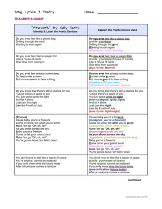 Song Lyrics & Poetry                                 Name: _______________________

TEACHER’S GUIDE

             “Firework” by Katy Perry
                                                              Explain the Poetic Device Used
               Identify & Label the Poetic Devices

Do you ever feel like a plastic bag                    Do you ever feel like a plastic bag
Drifting through the wind                              (simile: you=bag)
Wanting to start again                                 Drifting through the wind
                                                       Wanting to start again
                                                       (alliteration: wind, wanting)

Do you ever feel, feel so paper thin                   Do you ever feel, feel so paper thin
Like a house of cards                                  (simile: you=paper/house of cards)
One blow from caving in                                Like a house of cards
                                                       One blow from caving in
                                                       (true rhyme: thin=in)

Do you ever feel already buried deep                   Do you ever feel already buried deep
Six feet under scream                                  Six feet under scream
But no one seems to hear a thing                       But no one seems to hear a thing
                                                       (anaphora: Do you ever)
                                                       (alliteration: Six, scream, seems)

Do you know that there's still a chance for you        Do you know that there's still a chance for you
‘Cause there's a spark in you                          ‘Cause there's a spark in you
You just gotta ignite the light                        You just gotta ignite the light
And let it shine                                       (internal rhyme: ignite, light)
Just own the night                                     And let it shine
Like the Fourth of July                                Just own the night
                                                       Like the Fourth of July
                                                       (true rhyme: light=night)

(Chorus)                                               Cause baby you're a firework
Cause baby you're a firework                           (metaphor: you’re a firework)
Come on show 'em what you’re worth                     Come on show 'em what you’re worth
Make 'em go "Oh, oh, oh!"                              (assonance: work, what, worth)
As you shoot across the sky                            Make 'em go "Oh, oh, oh!"
Baby you're a firework                                 (onomatopoeia: oh, oh, oh)
Come on let your colors burst                          As you shoot across the sky
Make 'em go "Oh, oh, oh!"                              (hyperbole: you shoot across the sky)
You're gonna leave 'em fallin' down                    Baby you're a firework
                                                       Come on let your colors burst
                                                       (alliteration: Come, colors)
                                                       Make 'em go "Oh, oh, oh!"
                                                       You're gonna leave 'em fallin' down

You don't have to feel like a waste of space           You don't have to feel like a waste of space
You're original, cannot be replaced                    (simile: you=waste of space)
If you only knew what the future holds                 You're original, cannot be replaced
After a hurricane comes a rainbow                      If you only knew what the future holds
                                                       (personification: future holds)
                                                       After a hurricane comes a rainbow

                                                                                         Continued




                                                                                      Copyright©Tracee Orman, 2010-2011
 