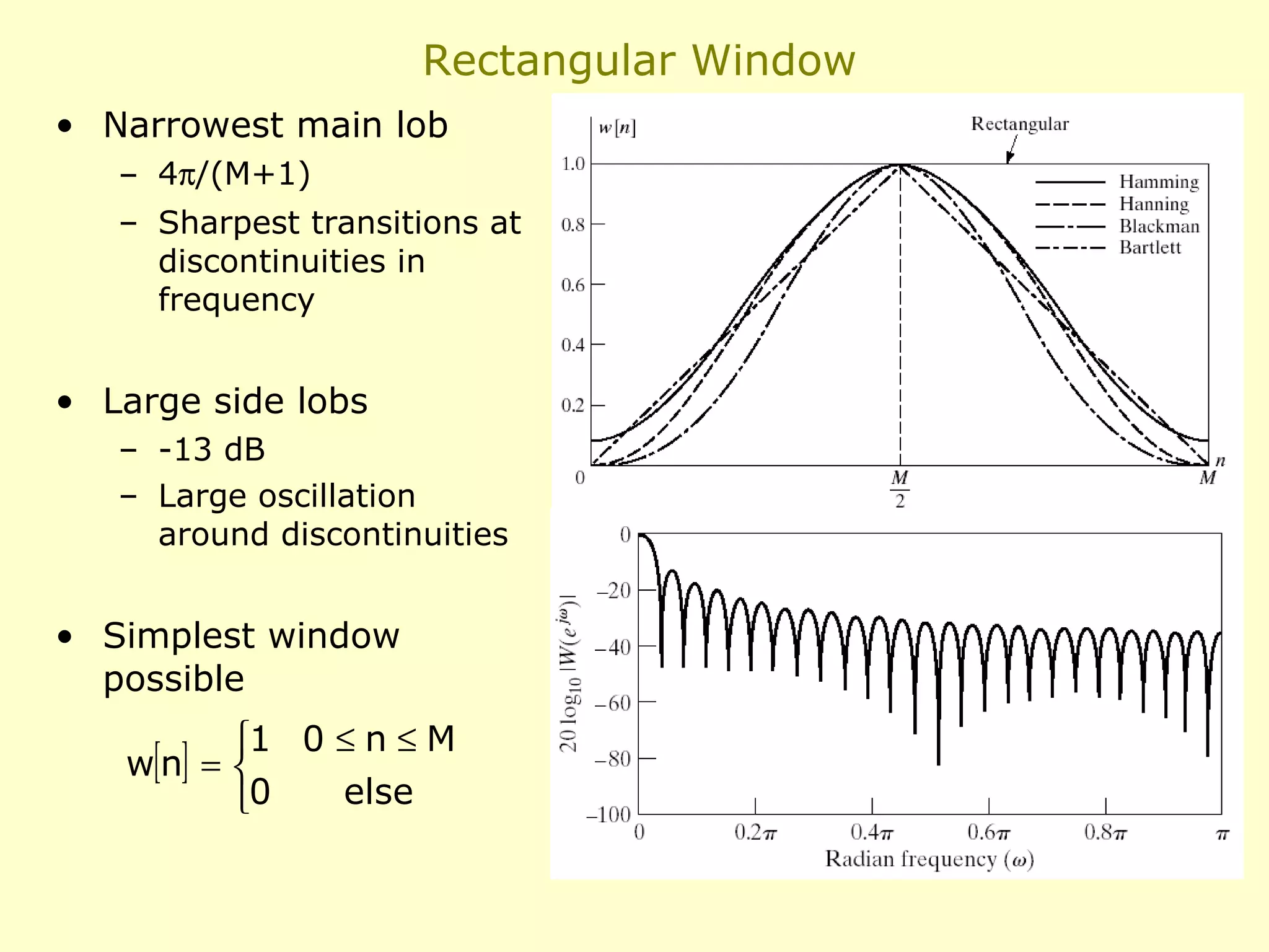 Rectangular Window
• Narrowest main lob
– 4π/(M+1)
– Sharpest transitions at
discontinuities in
frequency

• Large side lobs
– -13 dB
– Large oscillation
around discontinuities

• Simplest window
possible
0≤n≤M
else
0

[n] = 1
w


 