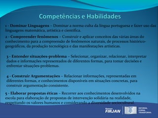 1 - Dominar Linguagens – Dominar a norma culta da língua portuguesa e fazer uso das
linguagens matemática, artística e científica.
2 - Compreender fenômenos – Construir e aplicar conceitos das várias áreas do
conhecimento para a compreensão de fenômenos naturais, de processos histórico-
geográficos, da produção tecnológica e das manifestações artísticas.

3 - Entender situações-problema – Selecionar, organizar, relacionar, interpretar
dados e informações representados de diferentes formas, para tomar decisões e
enfrentar situações-problemas.

4 - Construir Argumentações – Relacionar informações, representadas em
diferentes formas, e conhecimentos disponíveis em situações concretas, para
construir argumentação consistente.
5 - Elaborar propostas éticas – Recorrer aos conhecimentos desenvolvidos na
escola para elaboração de propostas de intervenção solidária na realidade,
respeitando os valores humanos e considerando a diversidade sociocultural.
 