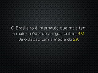 O Brasileiro é internauta que mais tem
a maior média de amigos online: 481.
   Já o Japão tem a média de 29.
 